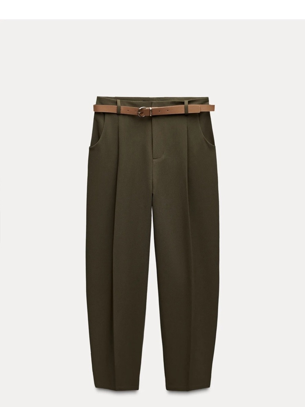 Zara Olive Green Pleated High-Waist Trousers with Tan Belt